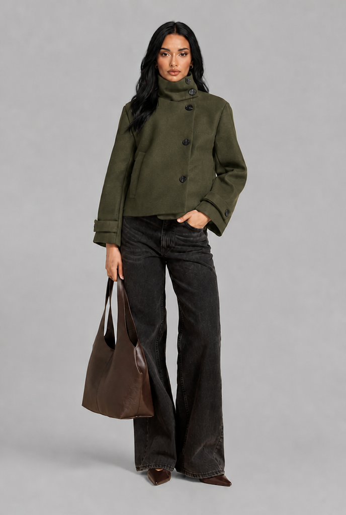 Cropped Wool Blend Jacket with Funnel Neck