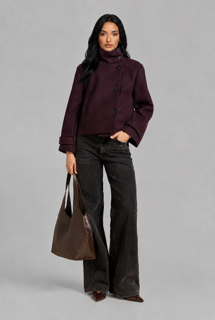 Cropped Wool Blend Jacket with Funnel Neck