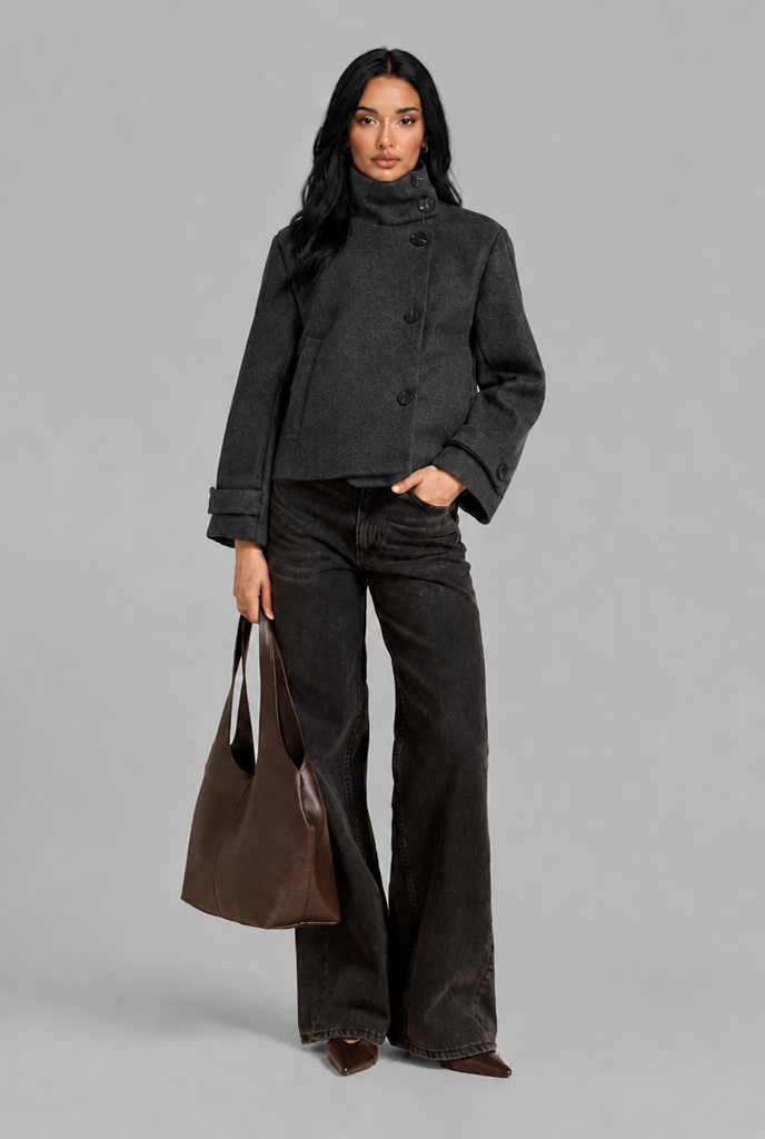 Cropped Wool Blend Jacket with Funnel Neck