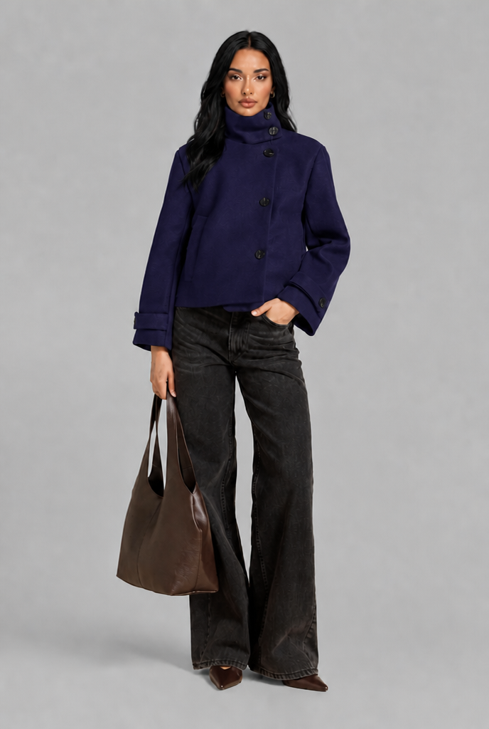 Cropped Wool Blend Jacket with Funnel Neck