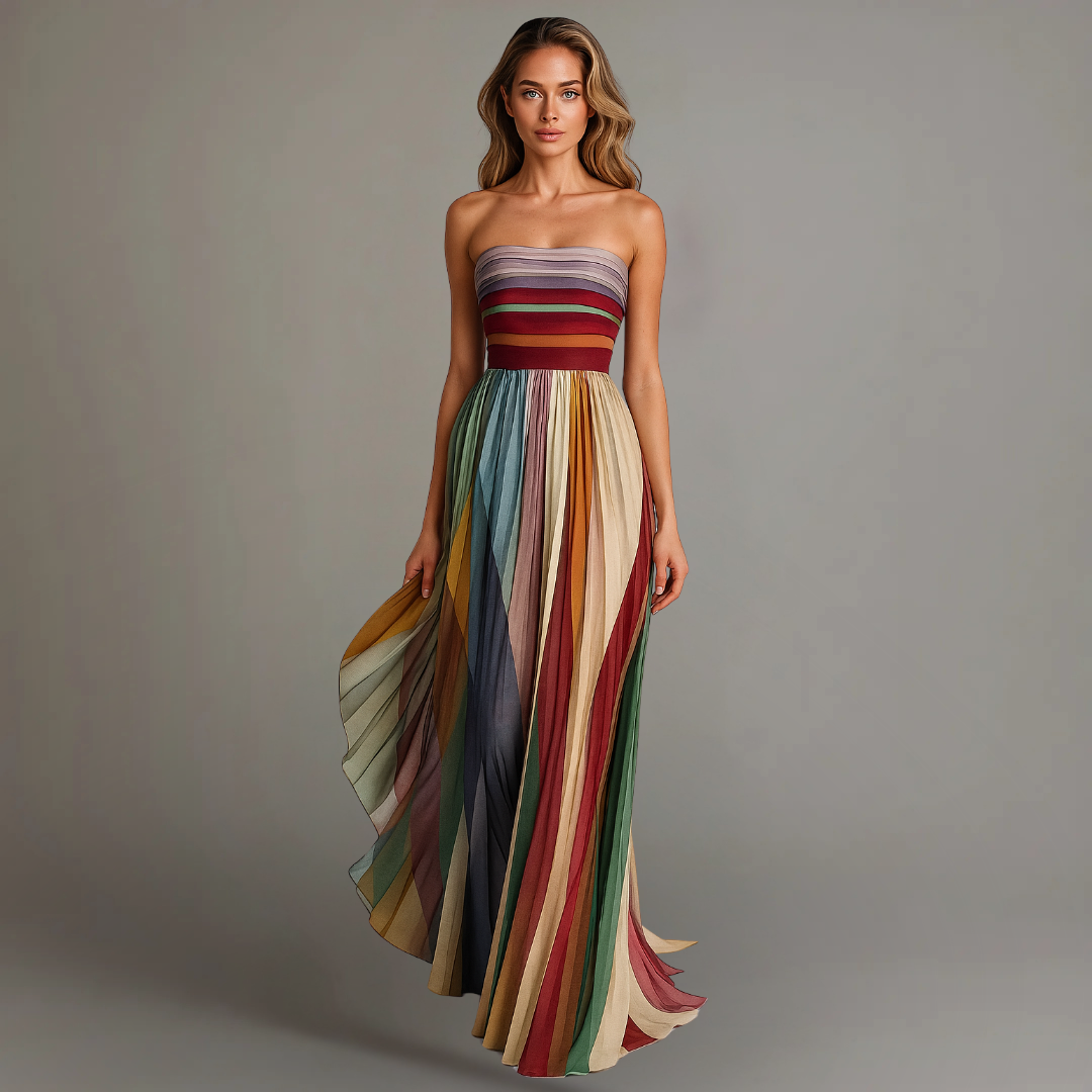 Stylish Strapless Maxi Dress with Striped Pleated Skirt
