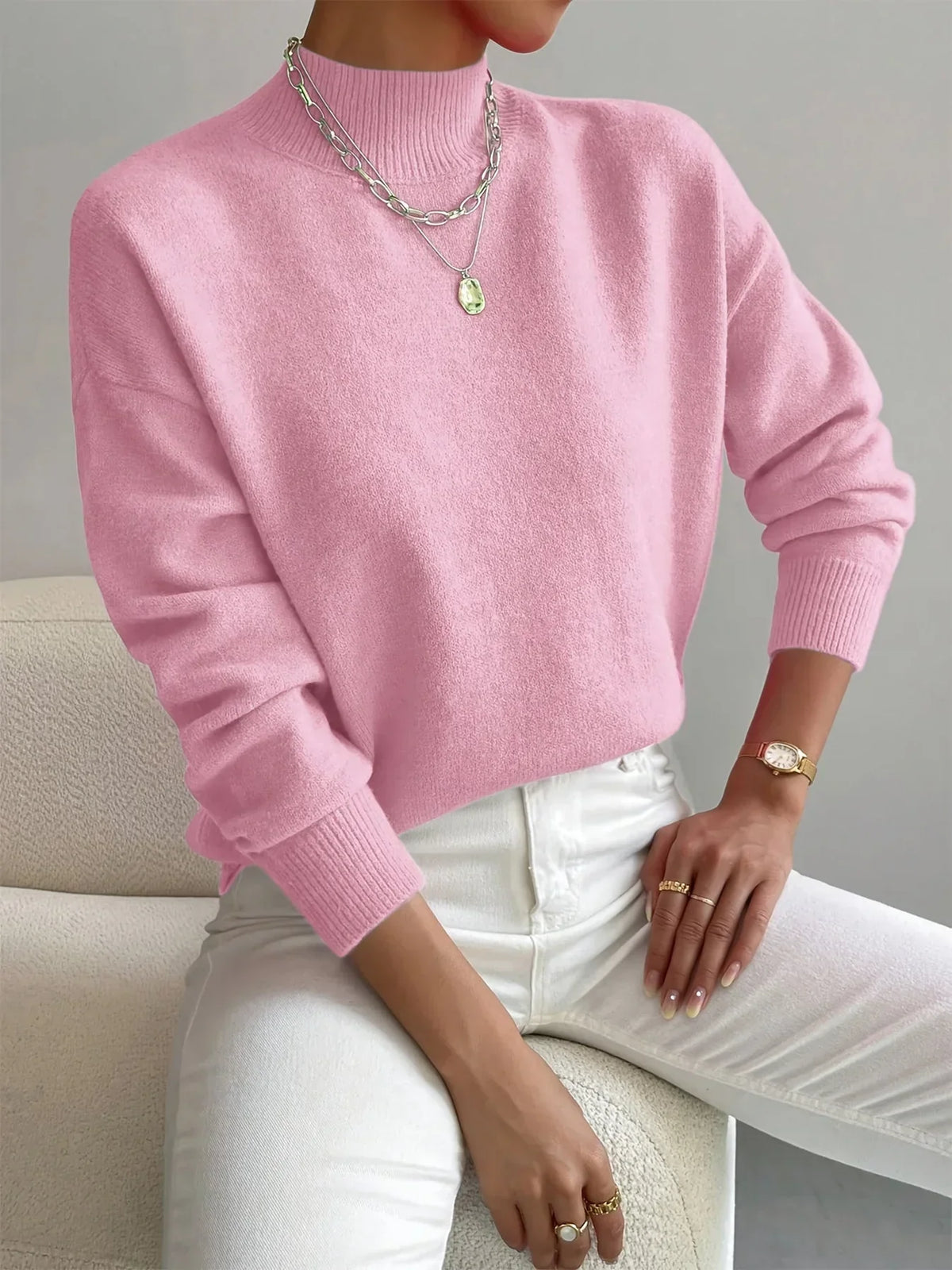 Mock Neck Ribbed Knit Sweater - Pink
