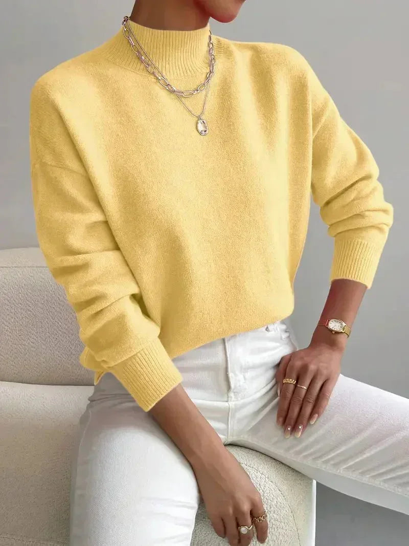 Mock Neck Ribbed Knit Sweater - Yellow