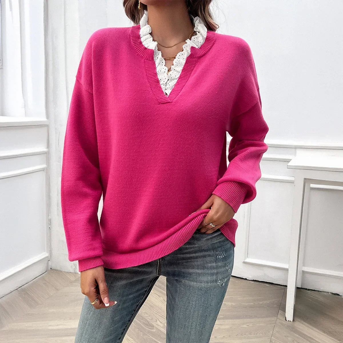 Lace Trim V-Neck Sweater - Pink