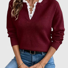 Lace Trim V-Neck Sweater - Burgundy