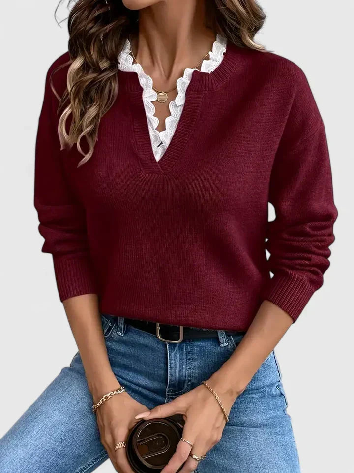 Lace Trim V-Neck Sweater - Burgundy