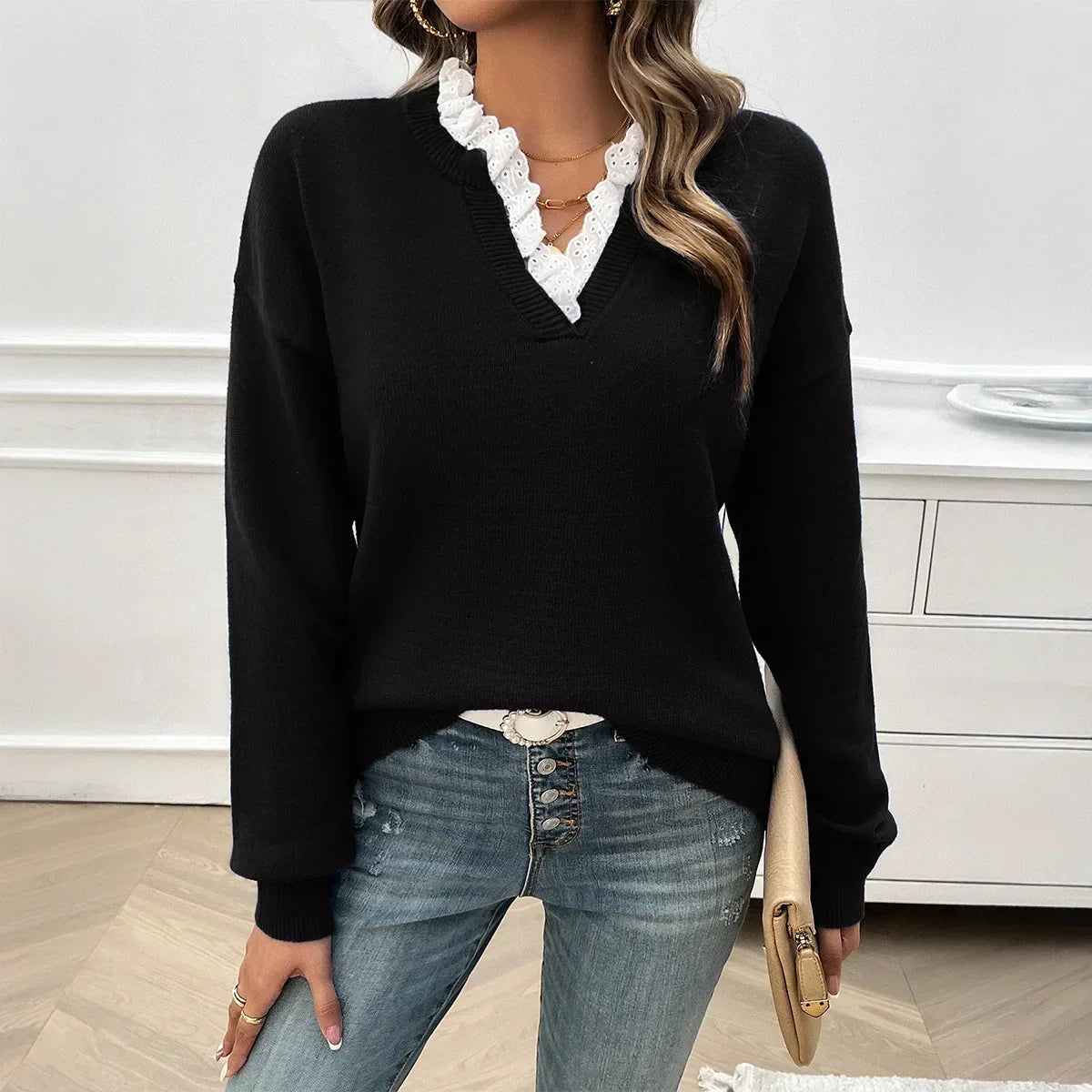 Lace Trim V-Neck Sweater - Black