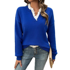 Lace Trim V-Neck Sweater - Royal Blue