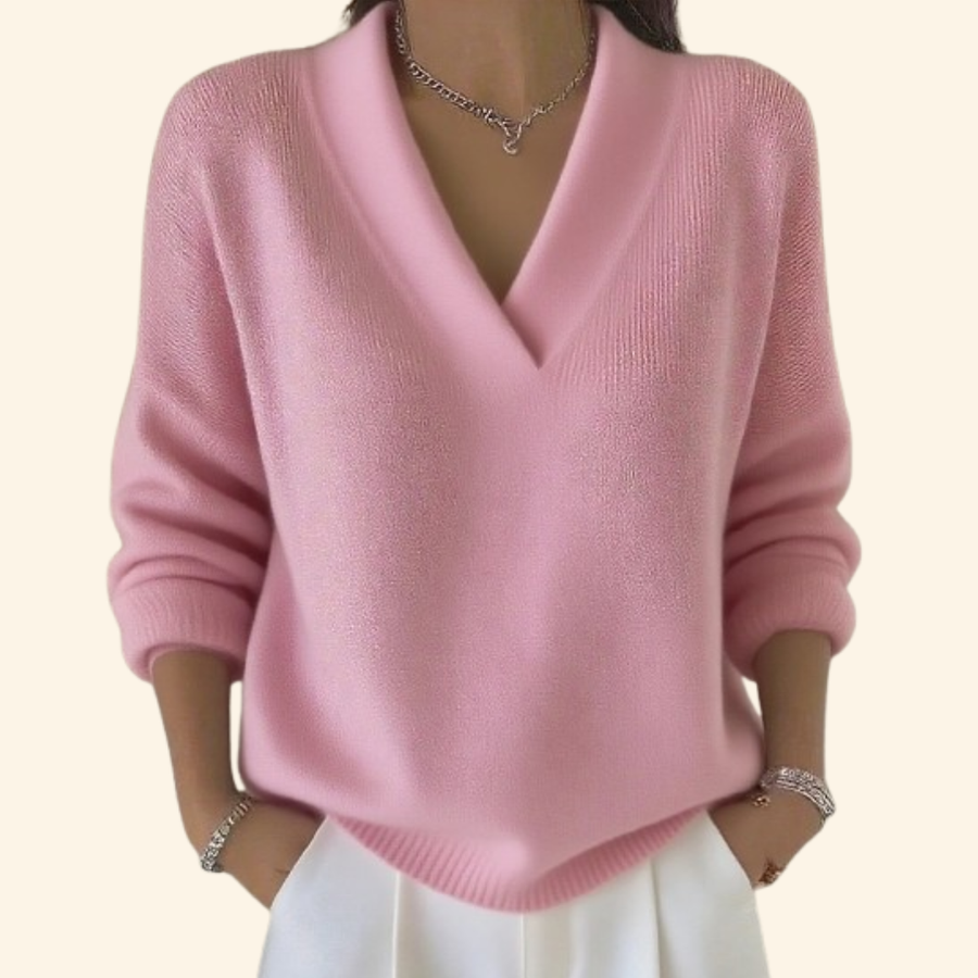 Deep V Ribbed Knit Sweater - Pink
