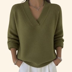 Deep V Ribbed Knit Sweater - Green