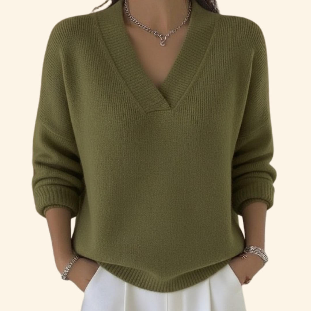 Deep V Ribbed Knit Sweater - Green