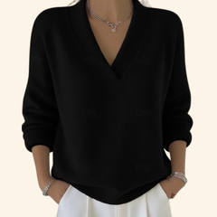 Deep V Ribbed Knit Sweater - Black