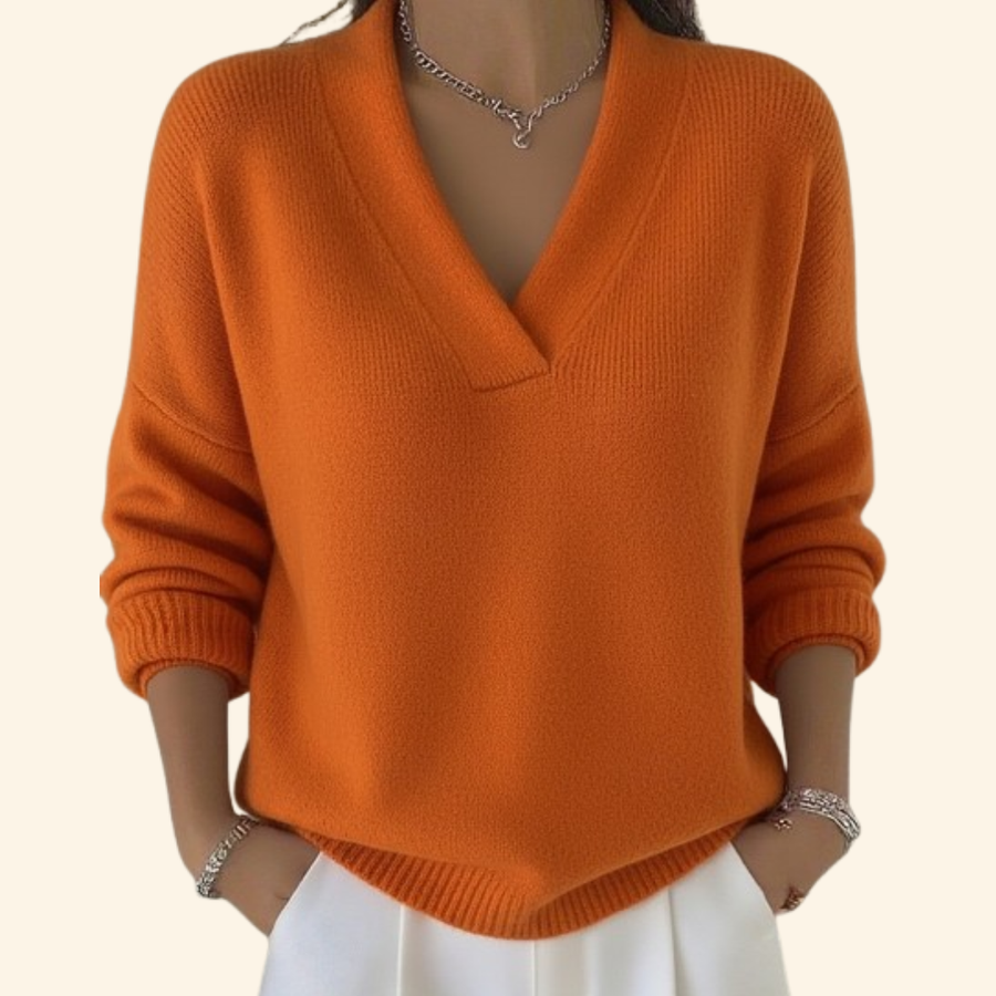 Deep V Ribbed Knit Sweater - Orange
