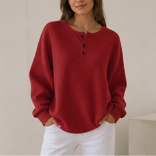 Waffle Henley Sweatshirt - Red