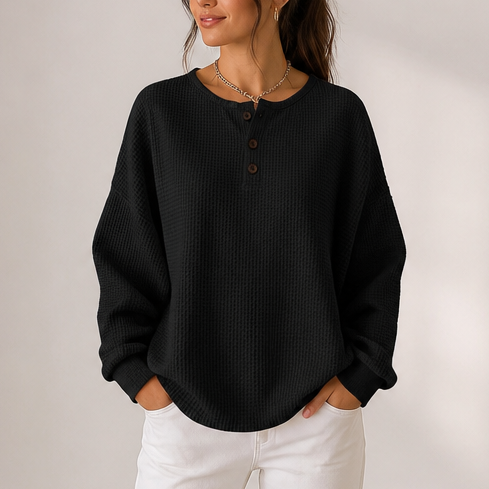 Waffle Henley Sweatshirt - Black