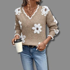 Daisy Print Knit Sweater - Khaki