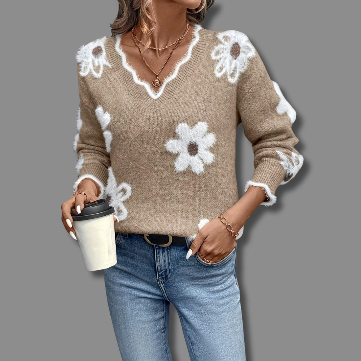 Daisy Print Knit Sweater - Khaki