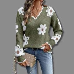 Daisy Print Knit Sweater - Green