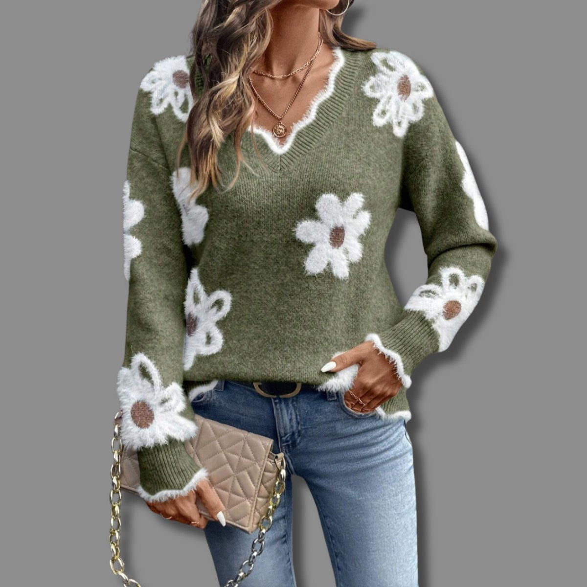 Daisy Print Knit Sweater - Green