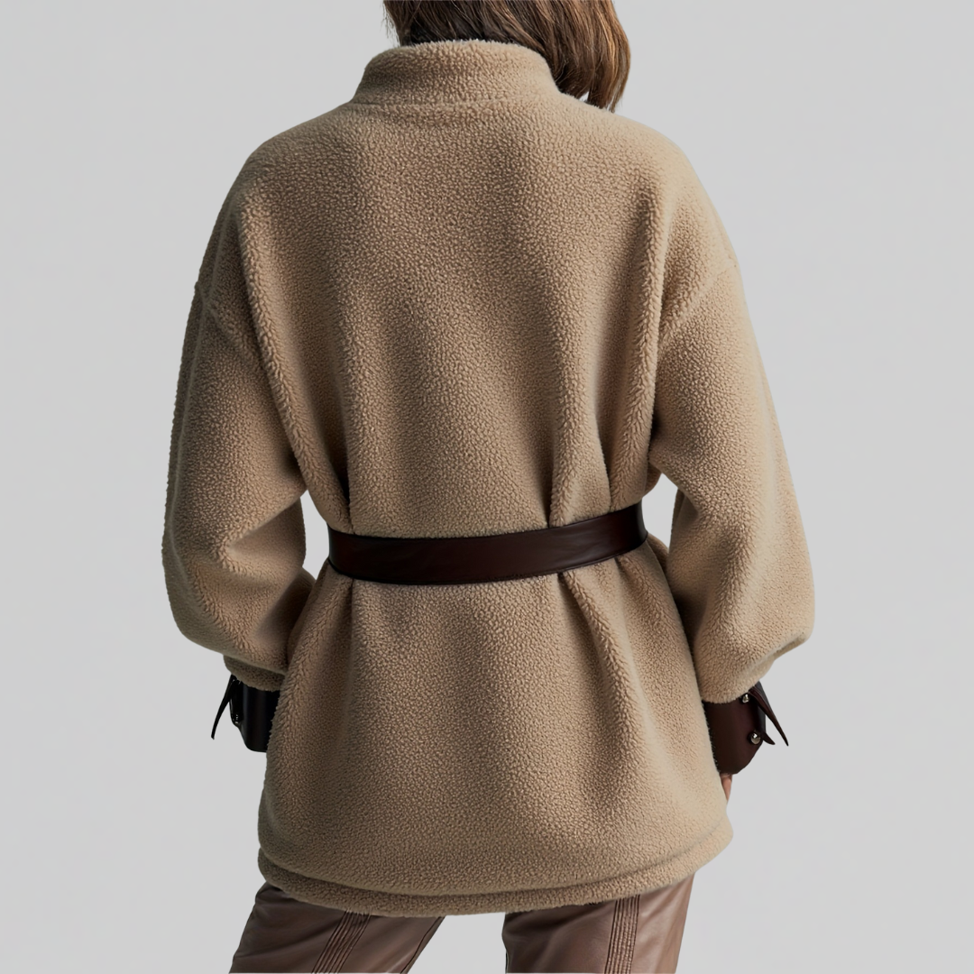 Belted Teddy Utility Coat with Contrast Trim