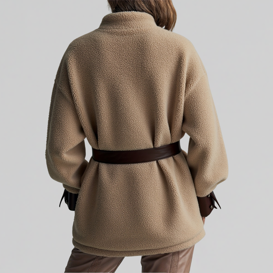 Belted Teddy Utility Coat with Contrast Trim