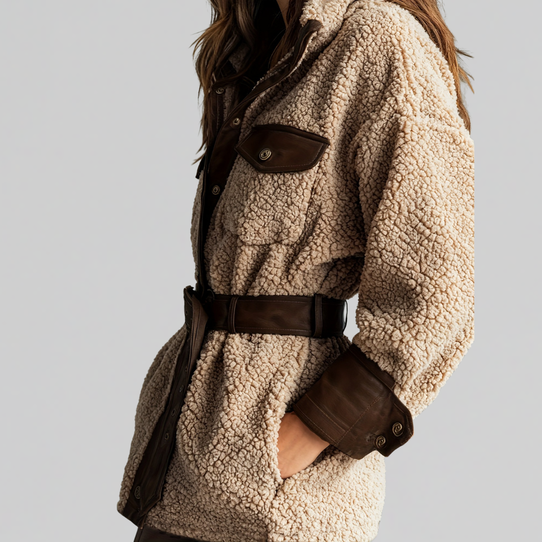 Belted Teddy Utility Coat with Contrast Trim