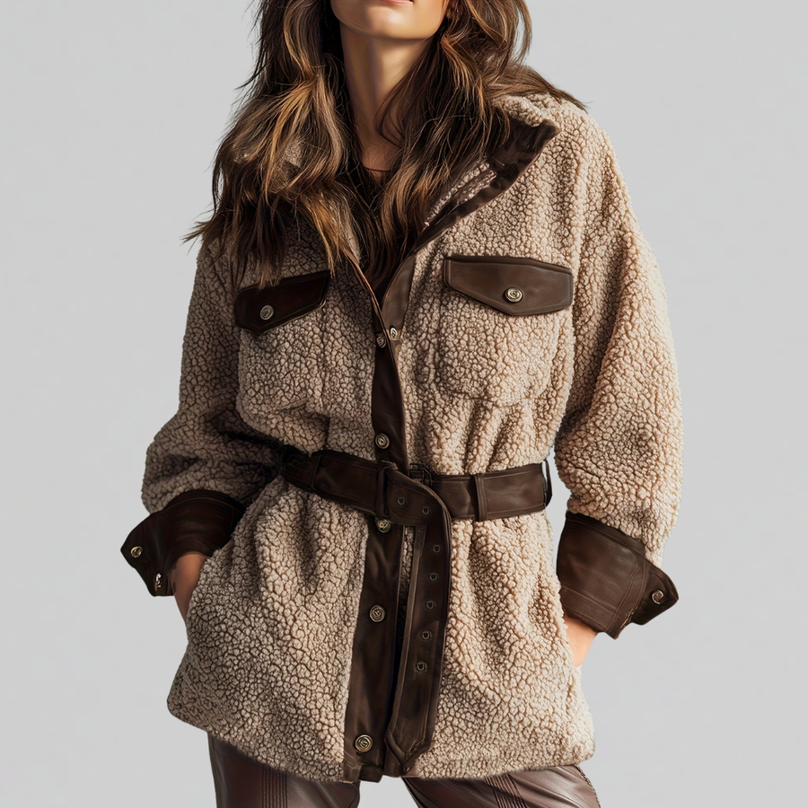 Belted Teddy Utility Coat with Contrast Trim